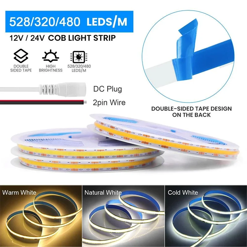 12V High Density COB LED Strip Light - DC Plug or 2-Pin Wire, 320–528 LEDs/m, Dimmable