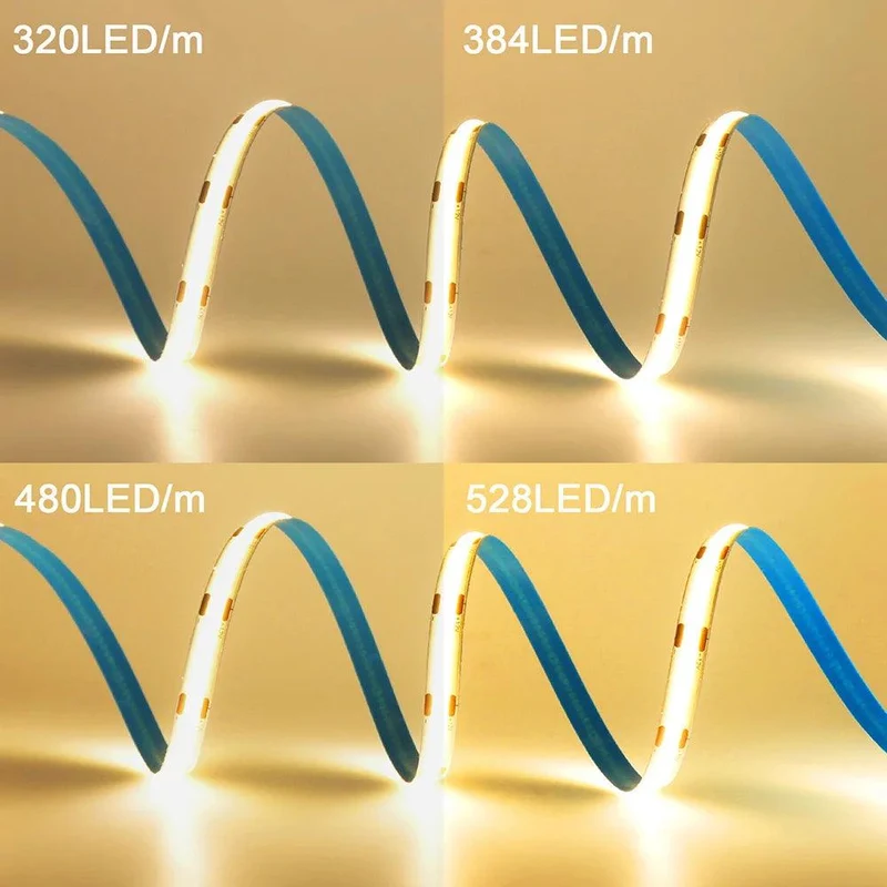 12V High Density COB LED Strip Light - DC Plug or 2-Pin Wire, 320–528 LEDs/m, Dimmable