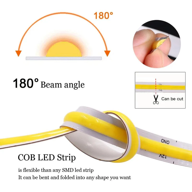 12V High Density COB LED Strip Light - DC Plug or 2-Pin Wire, 320–528 LEDs/m, Dimmable