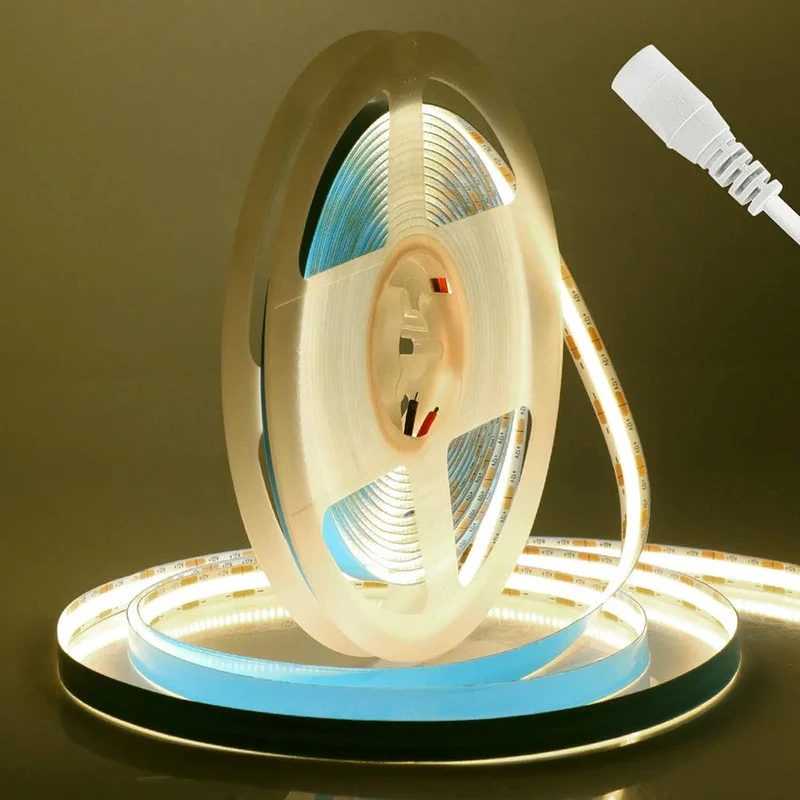 12V High Density COB LED Strip Light - DC Plug or 2-Pin Wire, 320–528 LEDs/m, Dimmable