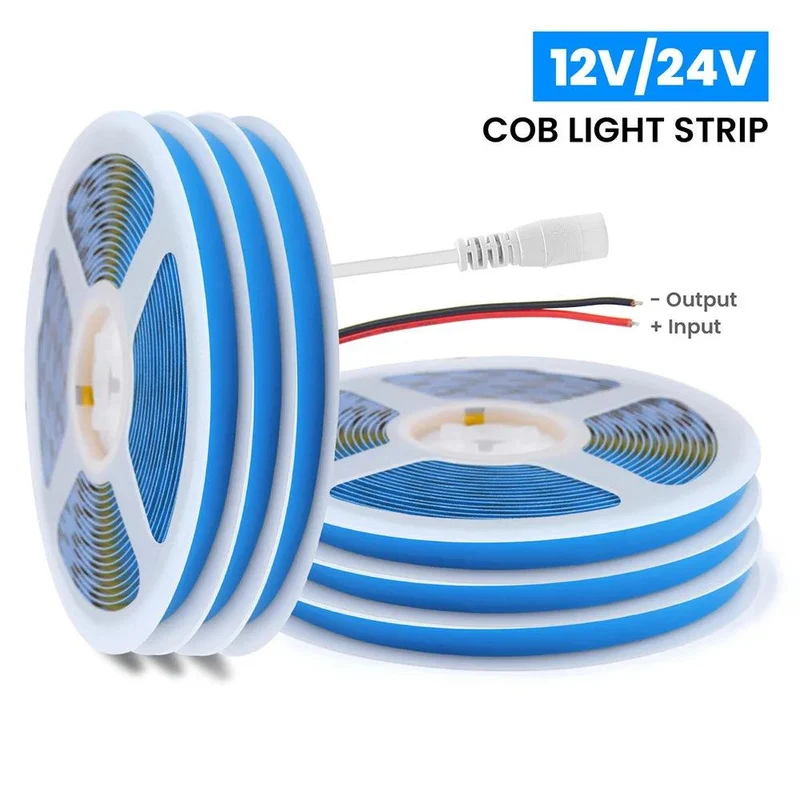 12V High Density COB LED Strip Light - DC Plug or 2-Pin Wire, 320–528 LEDs/m, Dimmable