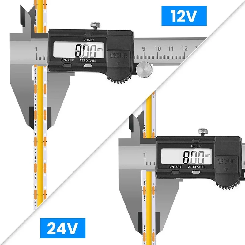 12V High Density COB LED Strip Light - DC Plug or 2-Pin Wire, 320–528 LEDs/m, Dimmable