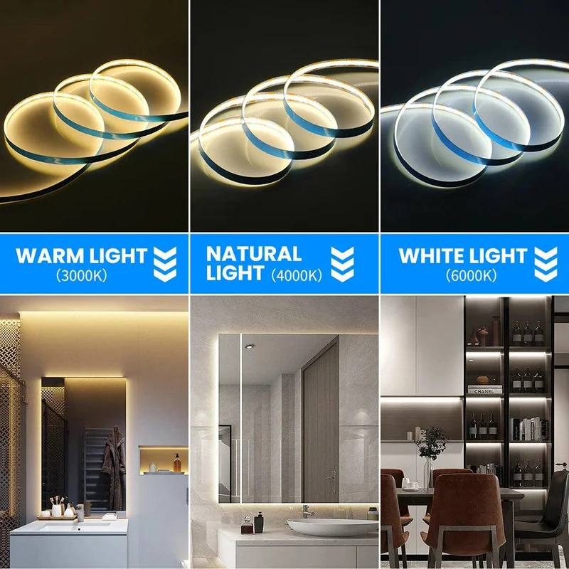 12V High Density COB LED Strip Light - DC Plug or 2-Pin Wire, 320–528 LEDs/m, Dimmable
