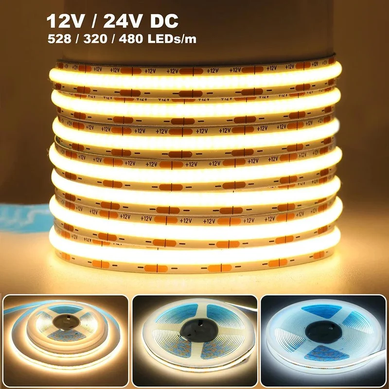 24V High Density COB LED Strip Light - DC Plug or 2-Pin Wire, 320–528 LEDs/m, Dimmable