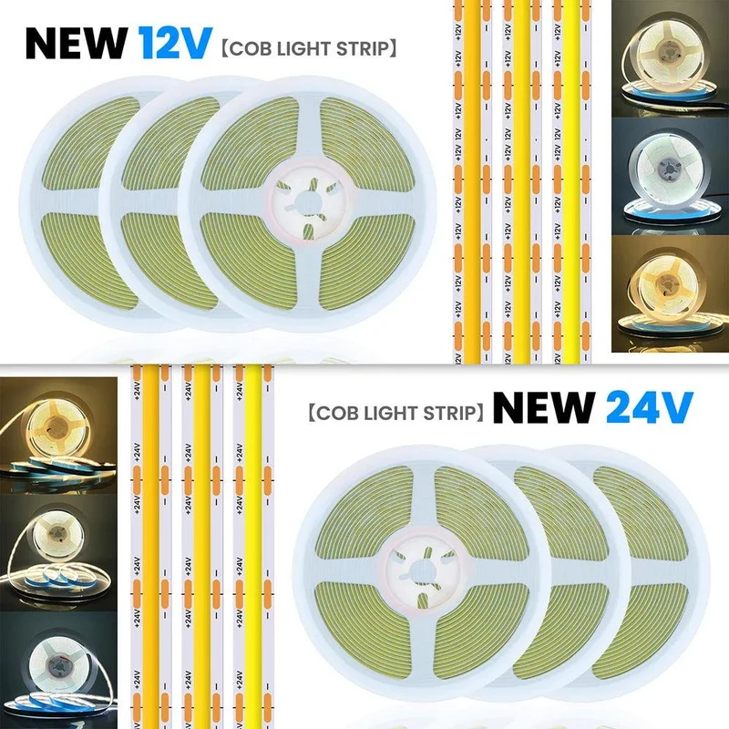 24V High Density COB LED Strip Light - DC Plug or 2-Pin Wire, 320–528 LEDs/m, Dimmable
