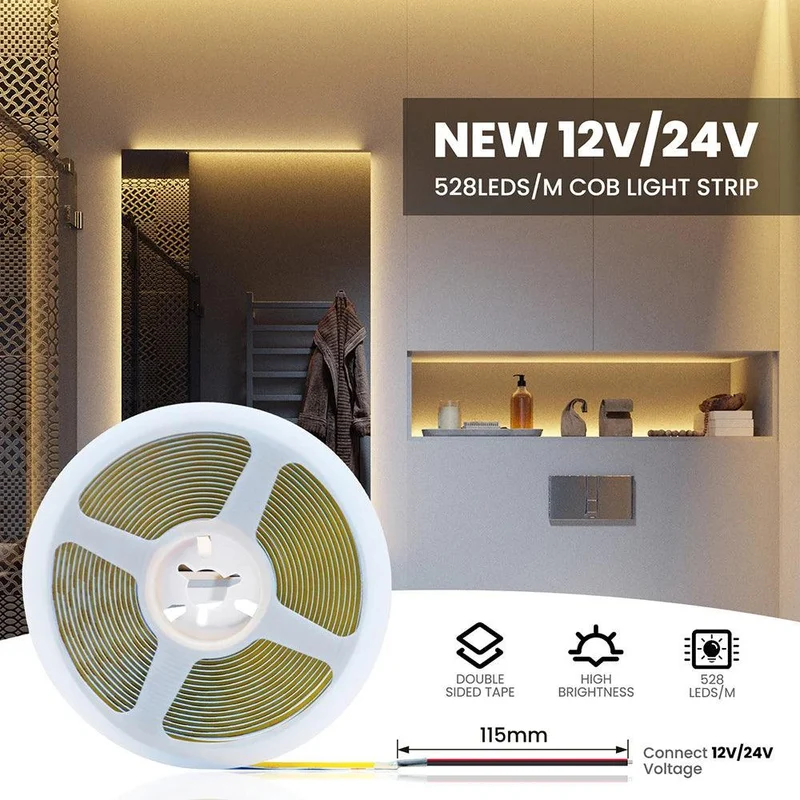 24V High Density COB LED Strip Light - DC Plug or 2-Pin Wire, 320–528 LEDs/m, Dimmable