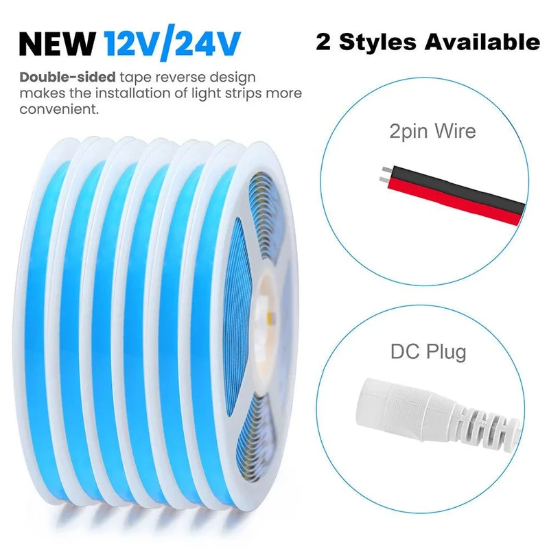 24V High Density COB LED Strip Light - DC Plug or 2-Pin Wire, 320–528 LEDs/m, Dimmable