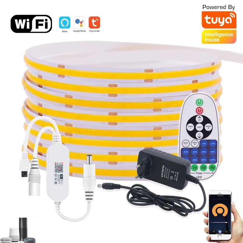 Tuya WiFi COB LED Strip Light Kit - 12V, App & Voice Dimming, 320–528 LEDs/m