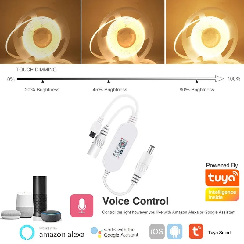 Tuya WiFi COB LED Strip Light Kit - 12V, App & Voice Dimming, 320–528 LEDs/m