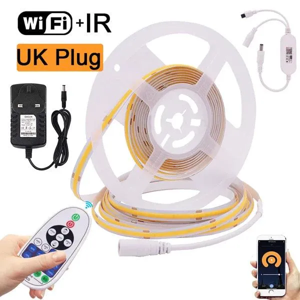 Tuya WiFi COB LED Strip Light Kit - 12V, App & Voice Dimming, 320–528 LEDs/m