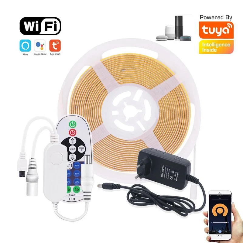 Tuya WiFi COB LED Strip Light Kit - 12V, App & Voice Dimming, 320–528 LEDs/m