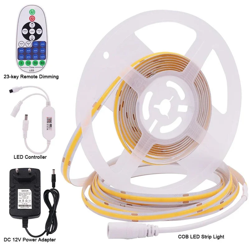 Tuya WiFi COB LED Strip Light Kit - 12V, App & Voice Dimming, 320–528 LEDs/m
