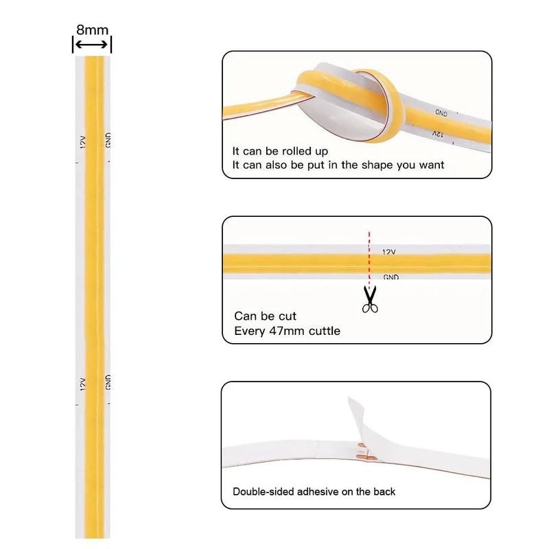 Tuya WiFi COB LED Strip Light Kit - 12V, App & Voice Dimming, 320–528 LEDs/m