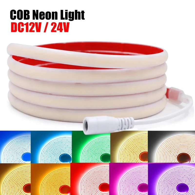 12V High CRI COB Neon LED Strip Light - DC Plug, IP68 Waterproof, Flexible Silicone