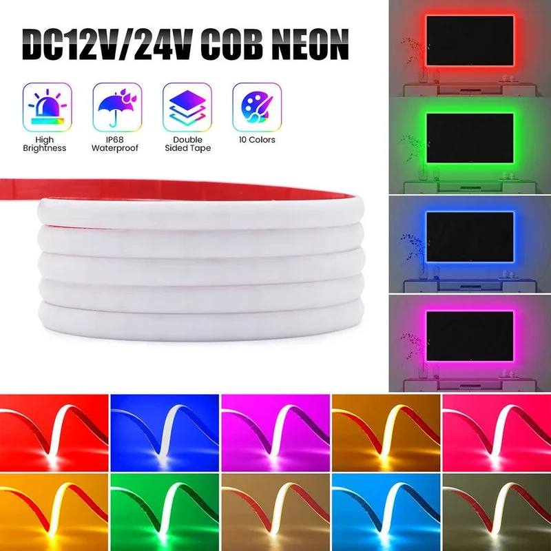 12V High CRI COB Neon LED Strip Light - DC Plug, IP68 Waterproof, Flexible Silicone