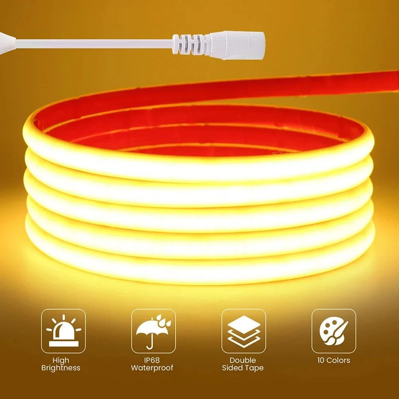 12V High CRI COB Neon LED Strip Light - DC Plug, IP68 Waterproof, Flexible Silicone
