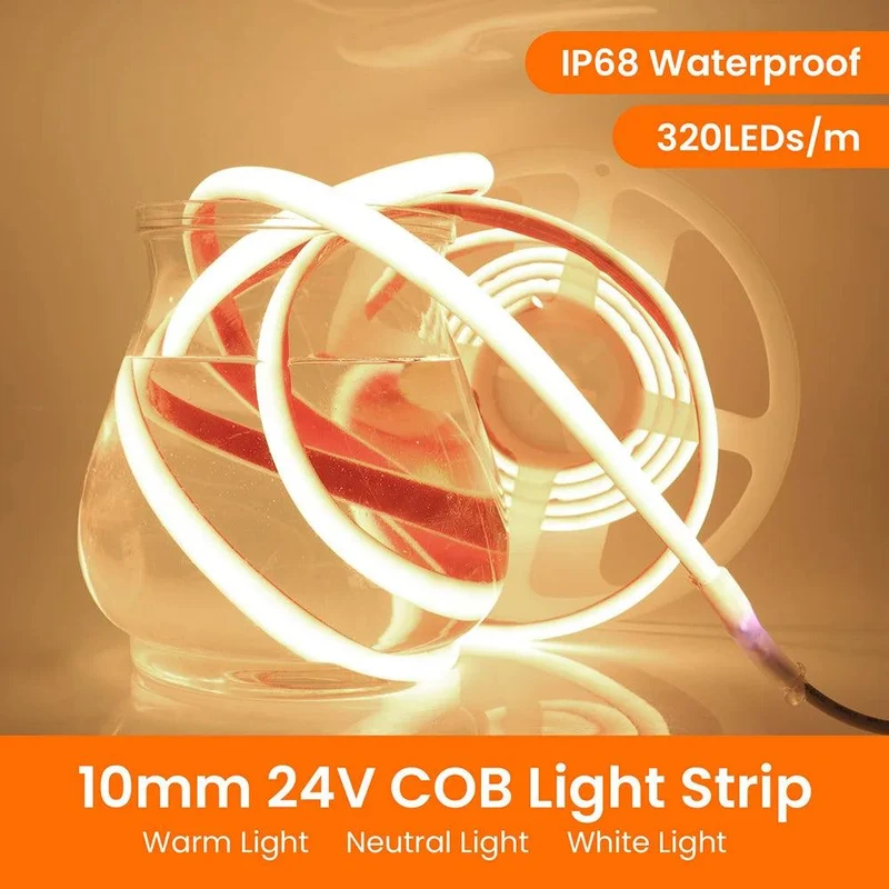 12V High CRI COB Neon LED Strip Light - DC Plug, IP68 Waterproof, Flexible Silicone