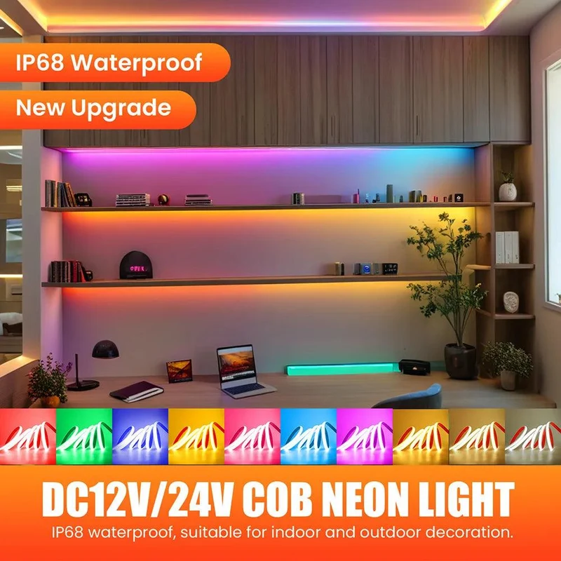 24V High CRI COB Neon LED Strip Light - 10 Colors, DC Plug, IP68 Waterproof, Flexible Silicone