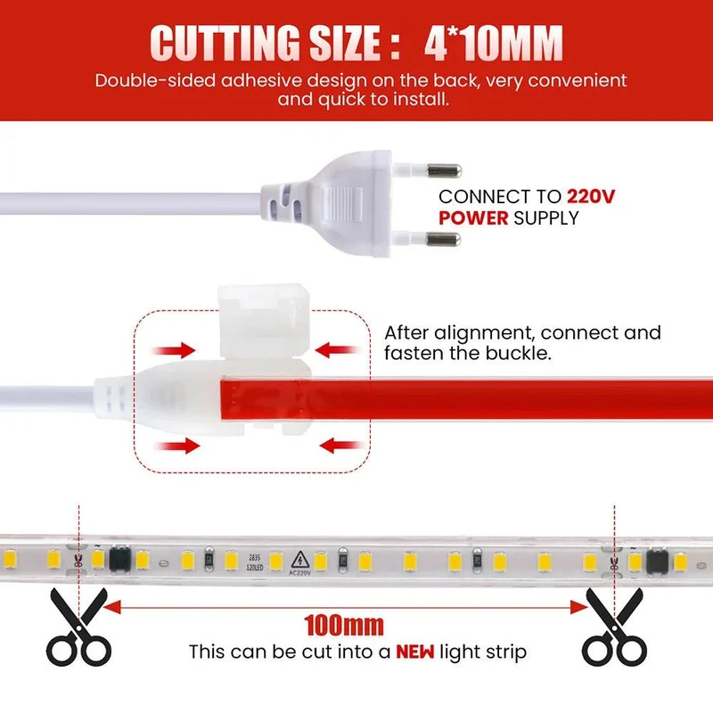 220V IC Rectifier SMD 2835 LED Strip Light - IP65 Waterproof, 120 LEDs/m