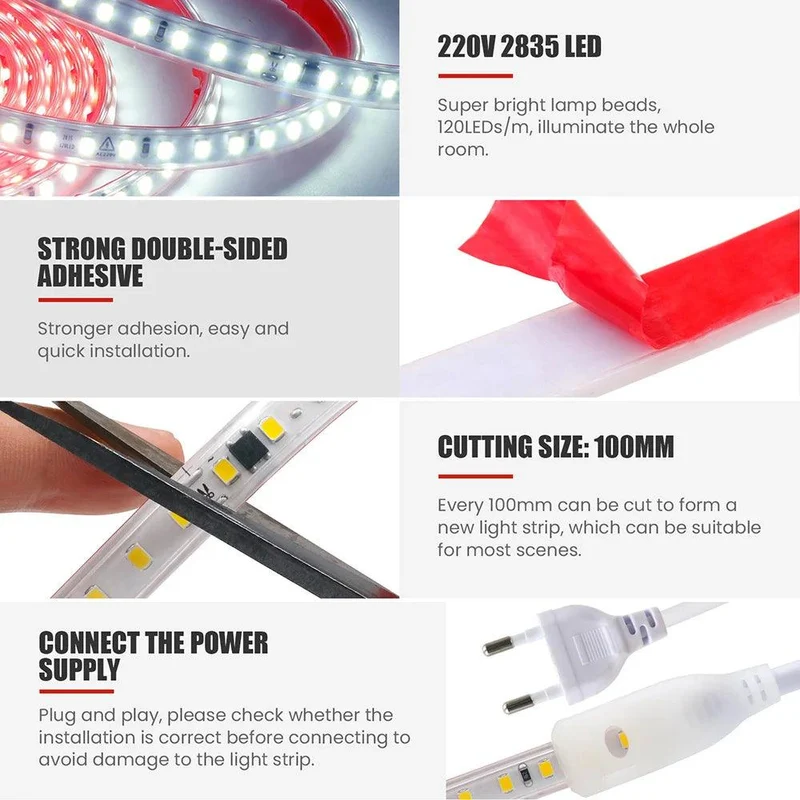 220V IC Rectifier SMD 2835 LED Strip Light - IP65 Waterproof, 120 LEDs/m