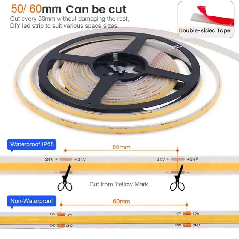 24V High Density COB LED Strip Light - 2-Pin Wire, IP30 or IP68 Option, 320 LEDs/m