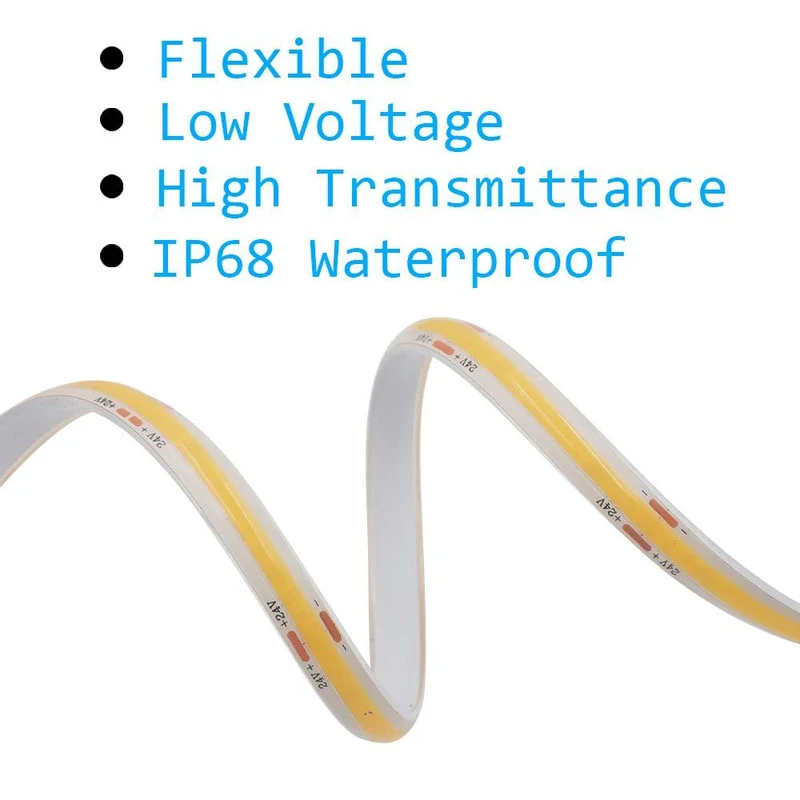24V High Density COB LED Strip Light - 2-Pin Wire, IP30 or IP68 Option, 320 LEDs/m