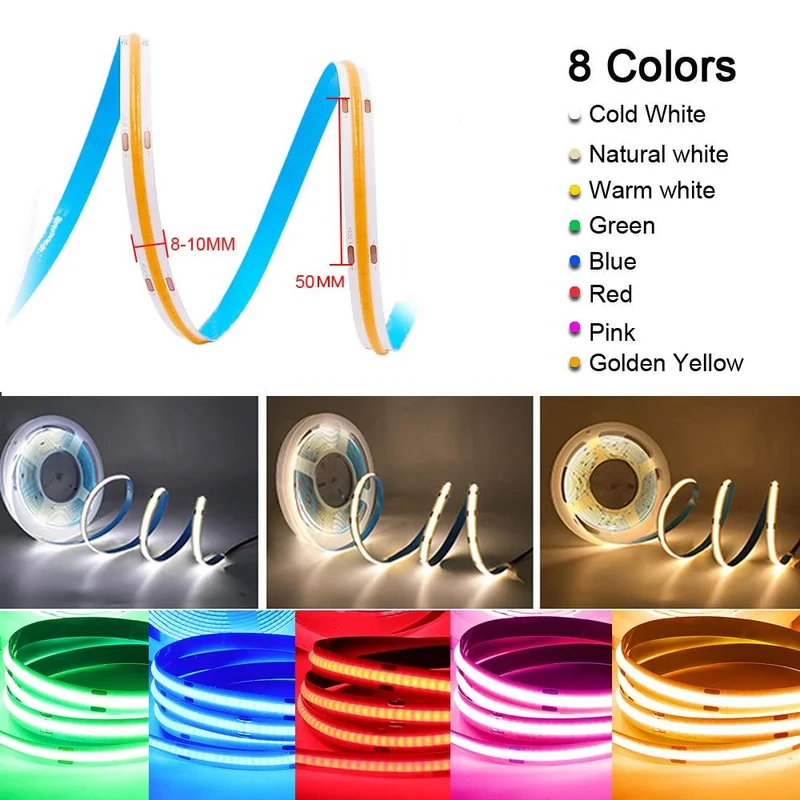5V COB LED Strip Light with 2-Pin Connector - 8 Colors, 320 LEDs/m, RA90