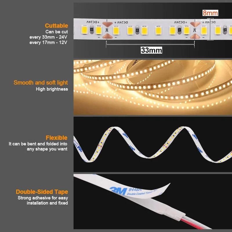 High Brightness SMD 2835 LED Strip Light - 12V/24V, 13 Colors, 120–180 LEDs/m