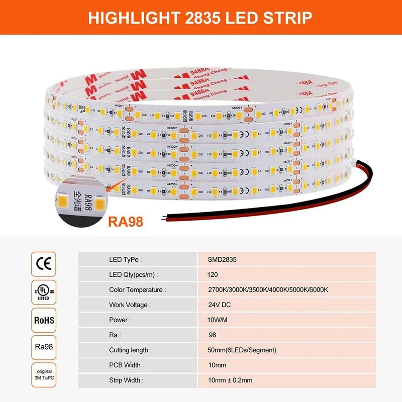 SMD 2835 24V LED Strip Light - 120 LEDs, High CRI RA98, 2700K-6000K, 120 LEDs/m