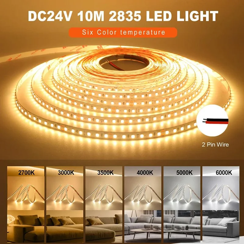 SMD 2835 24V LED Strip Light - 120 LEDs, High CRI RA98, 2700K-6000K, 120 LEDs/m