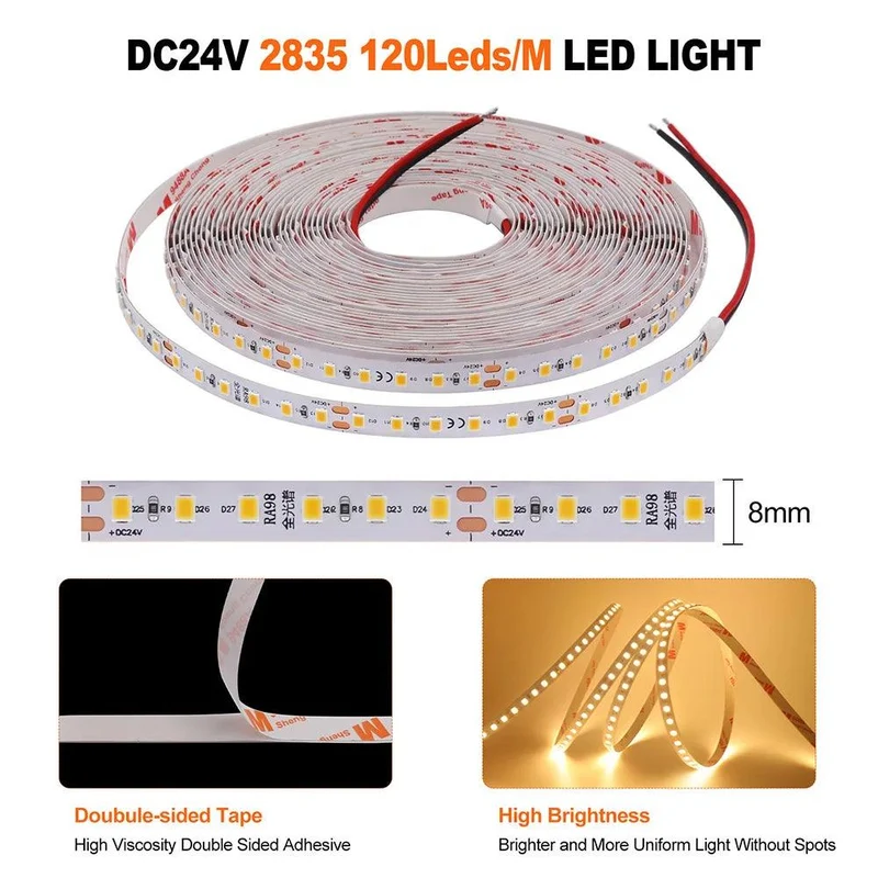 SMD 2835 24V LED Strip Light - 120 LEDs, High CRI RA98, 2700K-6000K, 120 LEDs/m