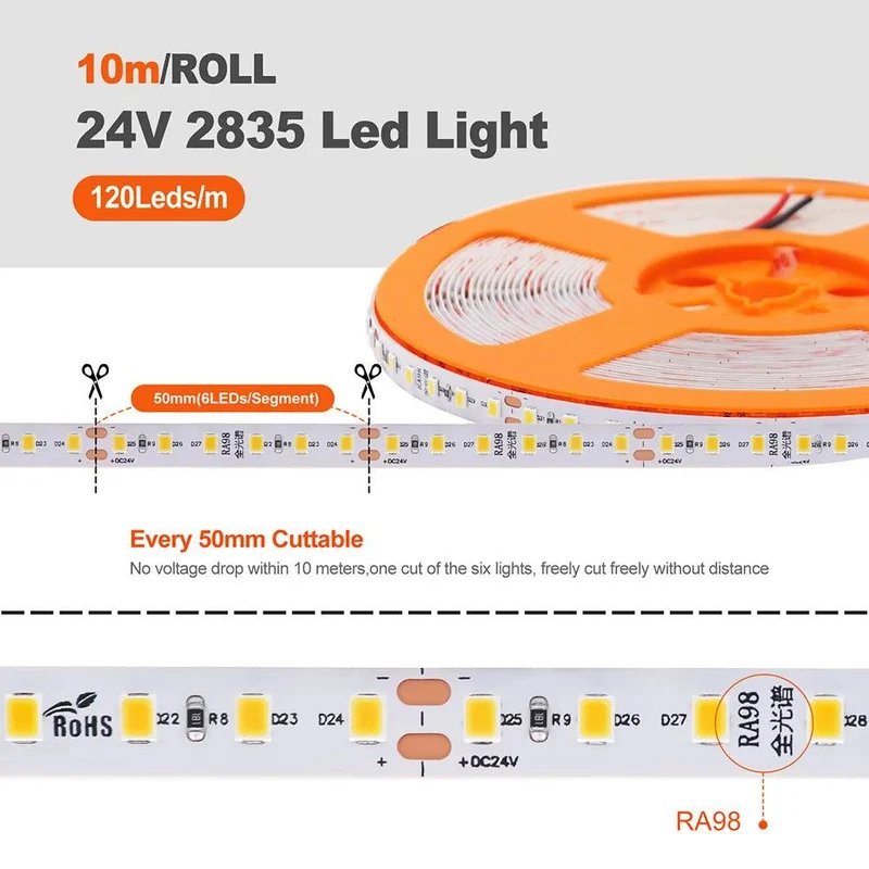 SMD 2835 24V LED Strip Light - 120 LEDs, High CRI RA98, 2700K-6000K, 120 LEDs/m