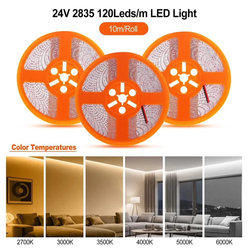 SMD 2835 24V LED Strip Light - 120 LEDs, High CRI RA98, 2700K-6000K, 120 LEDs/m