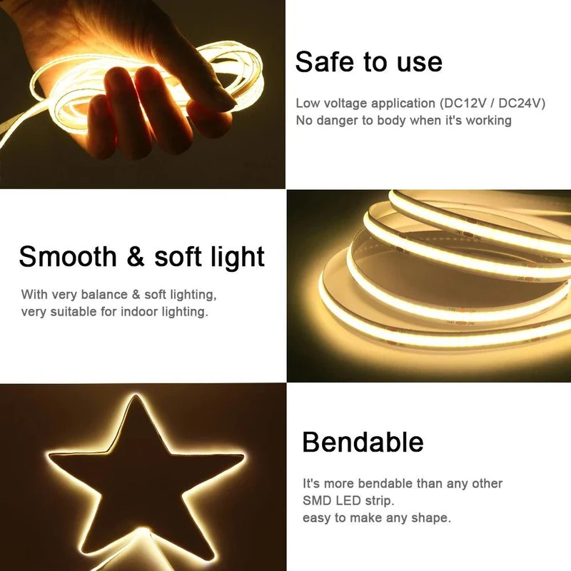 12V RA90 COB LED Strip Light - 320–480 LEDs/m, 2-Pin Wire, Flexible 5–8mm PCB