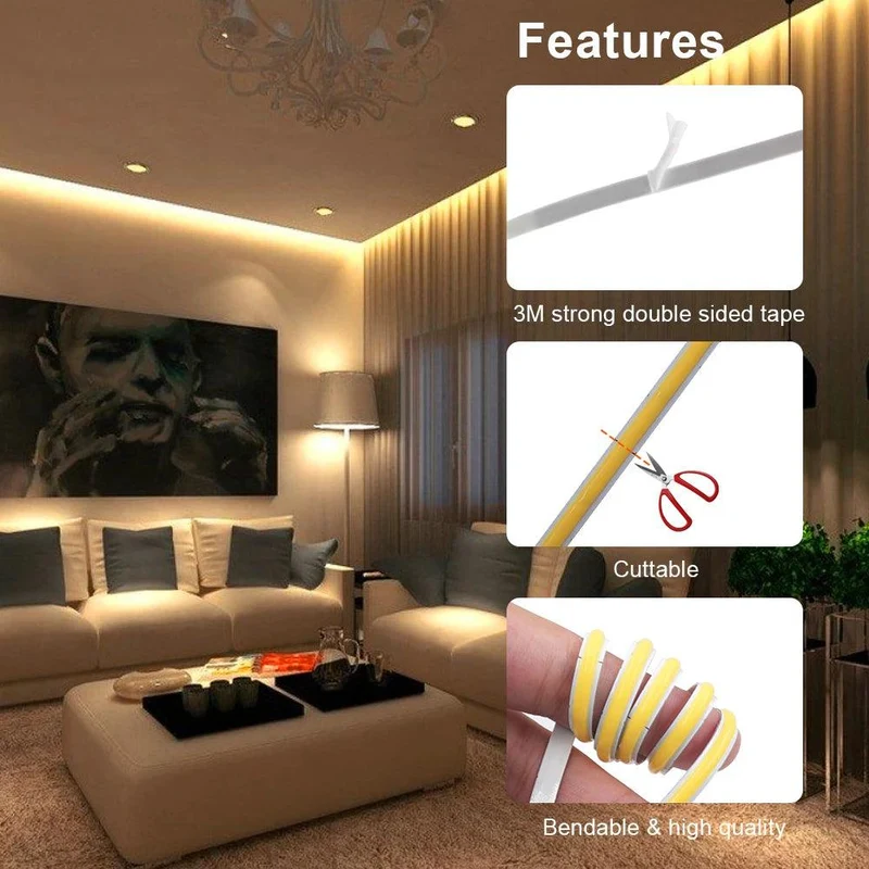 12V RA90 COB LED Strip Light - 320–480 LEDs/m, 2-Pin Wire, Flexible 5–8mm PCB
