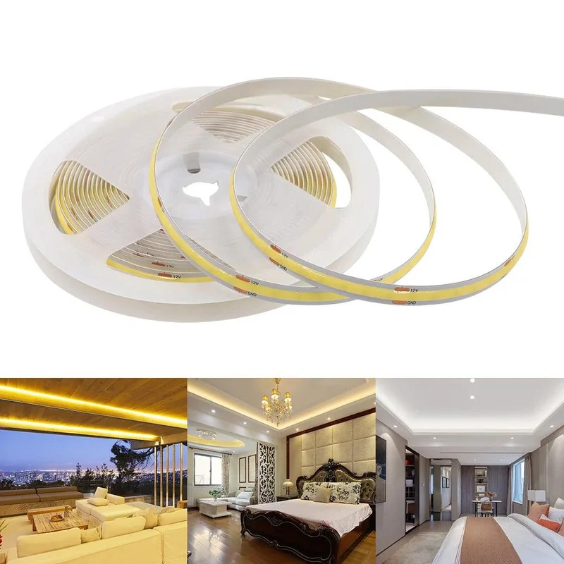 12V RA90 COB LED Strip Light - 320–480 LEDs/m, 2-Pin Wire, Flexible 5–8mm PCB
