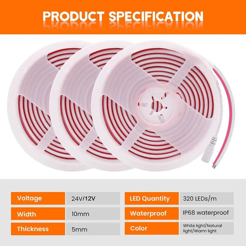 24V IP68 Waterproof COB LED Strip Light - Milky or Clear Silicone Tube