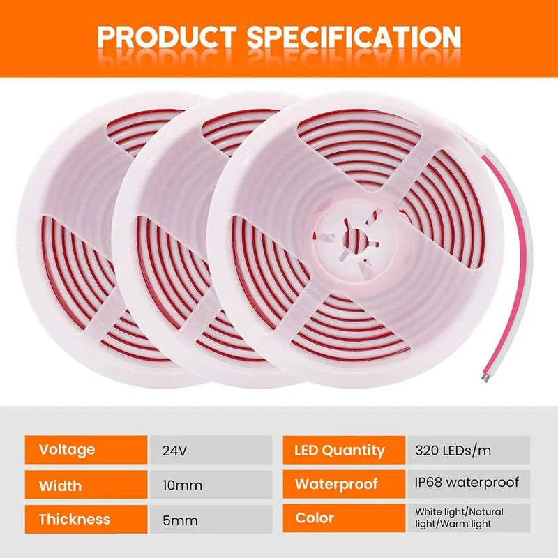 24V IP68 Waterproof COB LED Strip Light - Milky or Clear Silicone Tube