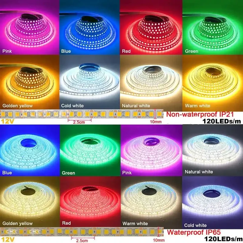 SMD 5630 12V LED Strip Lights - 5M, 9 Colors, IP21/IP65, 5M, Dimmable