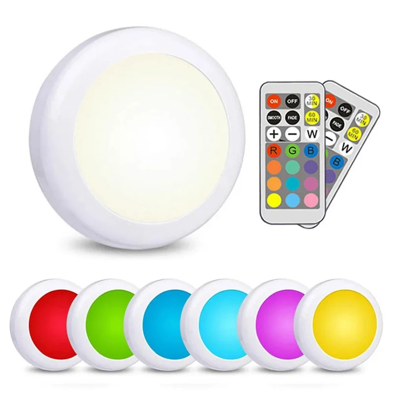 RGBW Battery Operated Under Cabinet LED Puck Light - Remote Control, Dual Size Options