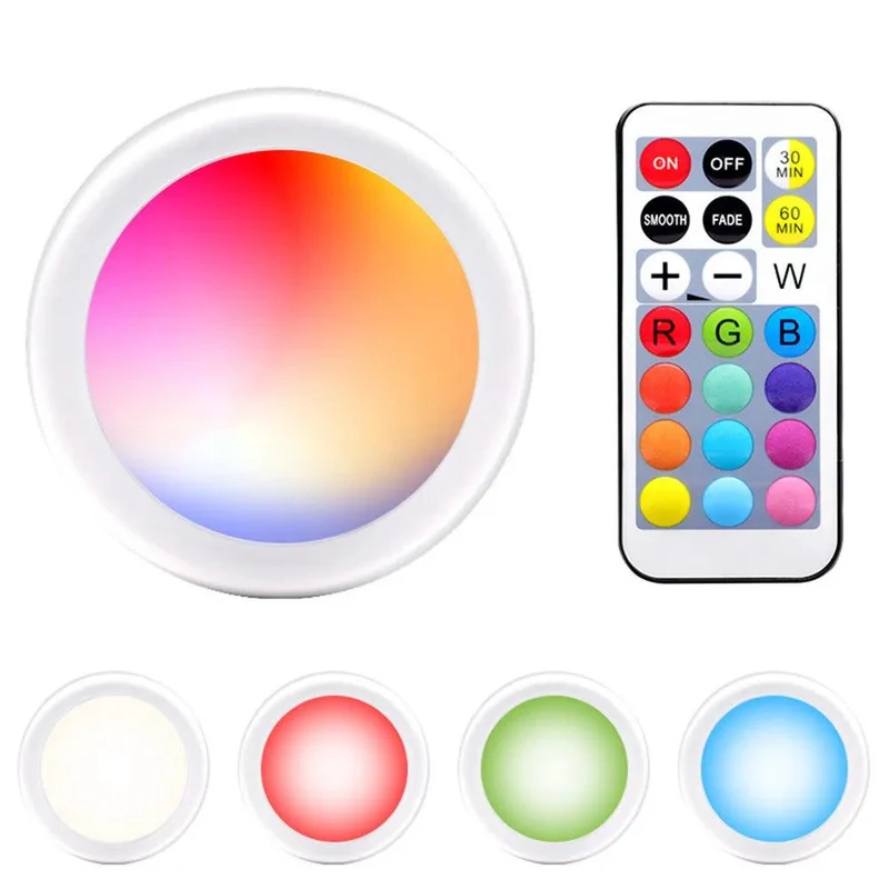 RGBW Battery Operated Under Cabinet LED Puck Light - Remote Control, Dual Size Options