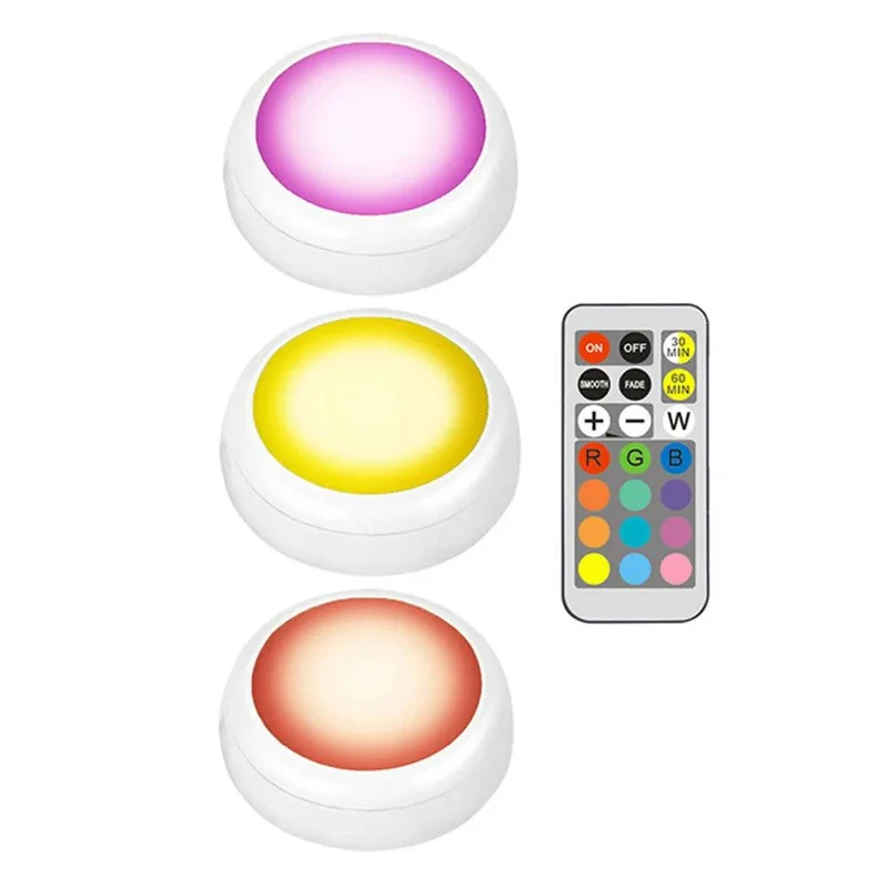 RGBW Battery Operated Under Cabinet LED Puck Light - Remote Control, Dual Size Options