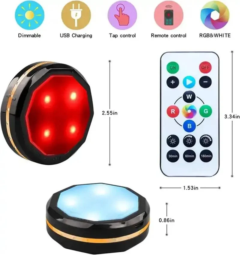 RGBW Dimmable Under Cabinet LED Puck Light - Remote Control, 2 Modes