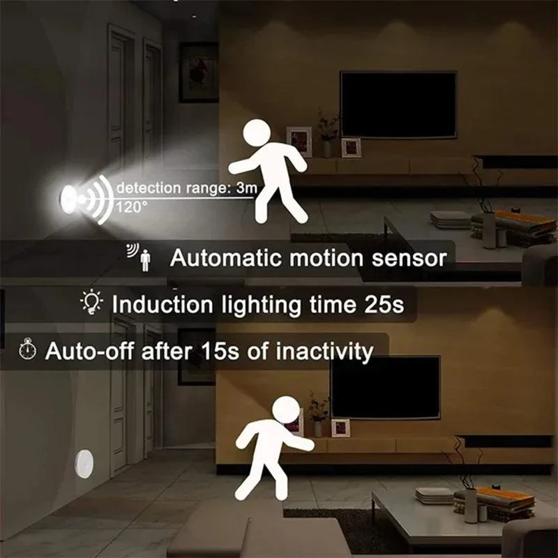 8-LED PIR Motion Sensor Under Cabinet LED Puck Light - Auto On/Off, USB Rechargeable