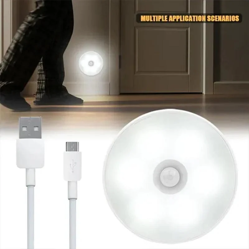 8-LED PIR Motion Sensor Under Cabinet LED Puck Light - Auto On/Off, USB Rechargeable