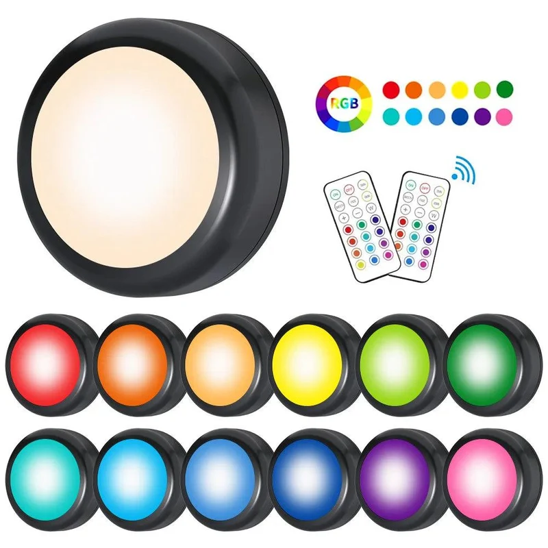 13-Color Battery Powered Under Cabinet LED Puck Lights - Remote Control, Timer Function