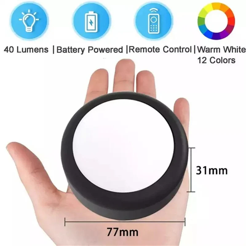 13-Color Battery Powered Under Cabinet LED Puck Lights - Remote Control, Timer Function