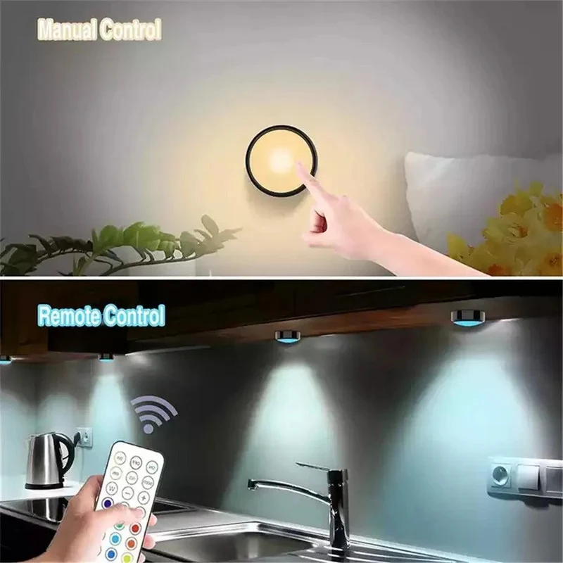 13-Color Battery Powered Under Cabinet LED Puck Lights - Remote Control, Timer Function