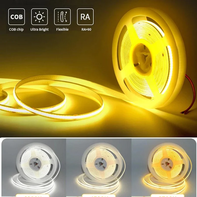 High Brightness COB LED Strip Light - 12V/24V, RA90, Dimmable 3000–6000K