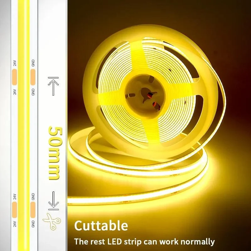 High Brightness COB LED Strip Light - 12V/24V, RA90, Dimmable 3000–6000K